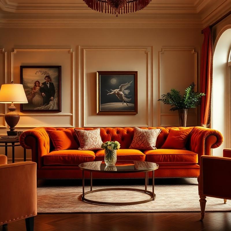 Burnt orange velvet sofa in elegant lounge